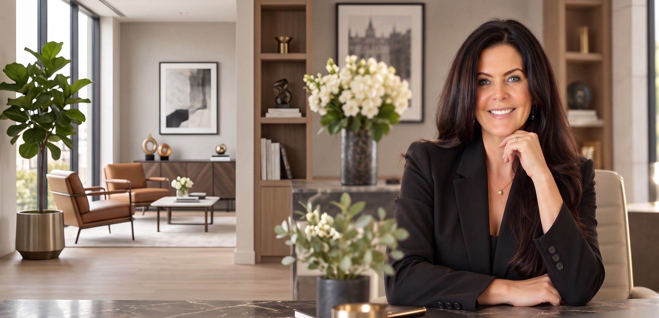 Andrea Lehwald im schwarzen Blazer an ihrem Schreibtisch in einem hellen Büro, lächelnd